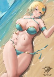 Rule 34 | 1girl, absurdres, alternate breast size, bare arms, bare legs, bare shoulders, beach, bikini, blonde hair, blue bikini, blue eyes, blue flower, blue hair, breasts, cleavage, closed mouth, criss-cross halter, day, dutch angle, earrings, fire emblem, fjorm (fire emblem), flower, gluteal fold, gradient hair, hair flower, hair ornament, halterneck, highres, jewelry, kaos art, large breasts, light smile, looking at viewer, lying, multicolored hair, navel, nintendo, ocean, on side, outdoors, short hair, side-tie bikini bottom, solo, stomach, summer, swimsuit, thigh gap, untied bikini