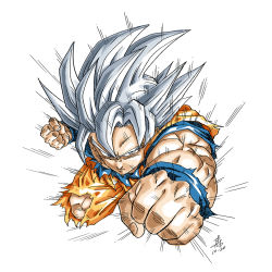 Rule 34 | 1boy, artist request, dated, dragon ball, dragon ball super, expressionless, grey eyes, jumping, looking at viewer, motion lines, muscular, silver hair, simple background, son goku, spiked hair, sweat, torn clothes, ultra instinct, white background