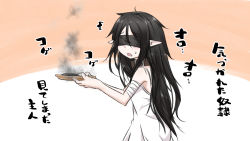 Rule 34 | 1girl, ^^^, bandaged arm, bandages, bare shoulders, black hair, blindfold, brown background, brown collar, burnt food, collar, dress, facing viewer, hair between eyes, highres, holding, holding plate, long hair, neon-tetora, open mouth, original, plate, pointy ears, sleeveless, sleeveless dress, smoke, solo, sweat, translation request, two-tone background, very long hair, white background, white dress, x-ray