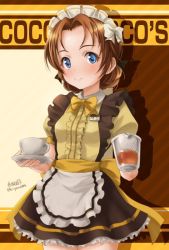 Rule 34 | 1girl, alternate costume, artist name, black ribbon, blue eyes, blush, bow, braid, closed mouth, coco&#039;s, cowboy shot, cup, dress, girls und panzer, hair ribbon, haruhata mutsuki, headdress, holding, looking at viewer, orange hair, orange pekoe (girls und panzer), parted bangs, puffy short sleeves, puffy sleeves, ribbon, saucer, shadow, short dress, short hair, short sleeves, signature, smile, solo, standing, teacup, teapot, translated, twin braids, twitter username, waitress, yellow bow, yellow dress