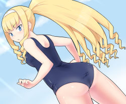 Rule 34 | 1girl, ass, blonde hair, blue eyes, dream c club, dream c club (series), dream c club zero, drill hair, haruka (dream c club), long hair, looking back, one-piece swimsuit, ponytail, school swimsuit, shougi (116), shougi (nicovideo13087625), solo, swimsuit, twin drills, twintails
