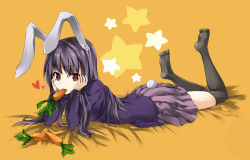 Rule 34 | 1girl, animal ears, black thighhighs, carrot, feet, female focus, heart, long hair, lying, no shoes, on stomach, purple hair, rabbit ears, rabbit girl, rabbit tail, red eyes, reisen udongein inaba, skirt, solo, star (symbol), tail, thighhighs, touhou, unasaka ryou