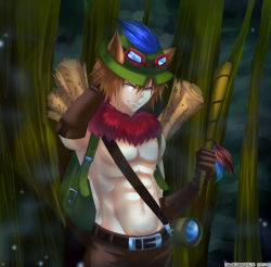 Rule 34 | 1boy, animal ears, backpack, bag, belt, blowgun, brown hair, elbow gloves, closed eyes, gloves, goggles, goggles on head, grin, hat, league of legends, male focus, map, midriff, muscular, navel, personification, rokugatsu no usagi, short hair, smile, solo, spyglass, strap, teemo, watermark