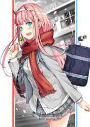 Rule 34 | 10s, 1girl, aqua eyes, bag, blazer, blurry, blurry background, blush, candy, darling in the franxx, fang, food, hairband, hiro (darling in the franxx), hiroki (hirokiart), horns, jacket, lollipop, long hair, looking at viewer, necktie, open mouth, petals, pink hair, pleated skirt, red scarf, scarf, school uniform, skirt, solo, walking, white hairband, zero two (darling in the franxx)