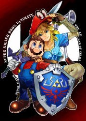 Rule 34 | 2boys, antique (artist), big nose, blonde hair, blue eyes, boots, brown footwear, brown hair, cappy (mario), copyright name, f.l.u.d.d., facial hair, fingerless gloves, gloves, hat, hylian shield, kneeling, link, logo, looking at another, mario, mario (series), master sword, multiple boys, mustache, nintendo, over shoulder, overalls, pointy ears, shield, smile, standing, super mario odyssey, super smash bros., sword, the legend of zelda, the legend of zelda: breath of the wild, weapon, weapon over shoulder, white gloves