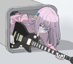 Rule 34 | 1girl, black skirt, blue eyes, bocchi the rock!, closed mouth, cube hair ornament, electric guitar, gotoh hitori, grey background, guitar, hair bobbles, hair ornament, highres, holding, holding instrument, holding plectrum, in trash can, instrument, jacket, kagu (lanthrot), long hair, long sleeves, looking at viewer, lying, nervous, on stomach, pink hair, pink jacket, pleated skirt, plectrum, shadow, simple background, skirt, solo, sweat, track jacket, upturned eyes