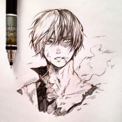 Rule 34 | 1boy, art tools in frame, artist name, bad id, bad twitter id, boku no hero academia, clivenzu, commentary, english commentary, graphite (medium), hair between eyes, highres, looking to the side, male focus, mechanical pencil, open mouth, pencil, photo (medium), solo, steam, todoroki shouto, torn clothes, traditional media, twitter username, upper body