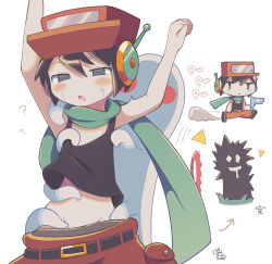 Rule 34 | 1boy, ?, android, arms up, bayachao, belt, black tank top, blonde hair, blue eyes, blush, chibi, clothes pull, colored skin, doukutsu monogatari, green scarf, hat, jaggy lines, male focus, molestation, open mouth, pants, pants pull, quote (doukutsu monogatari), red headwear, red pants, robot ears, scarf, short hair, sweatdrop, tank top, tentacles, white skin