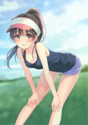 Rule 34 | 1girl, :d, absurdres, bare arms, bare legs, bare shoulders, bent over, blue shorts, blue sky, blunt bangs, blurry, blurry background, blush, breasts, brown hair, cleavage, cloud, collarbone, day, dolphin shorts, downblouse, eyebrows, fukahire (ruinon), gym shorts, hands on own knees, hanging breasts, highres, legs apart, looking at viewer, meadow, medium breasts, open mouth, original, outdoors, ponytail, red eyes, scan, short shorts, shorts, sky, sleeveless, smile, solo, standing, sweat, tank top, tareme, translated, visor cap
