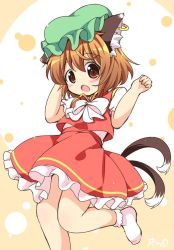 Rule 34 | 1girl, animal ears, artist name, brown eyes, brown hair, cat ears, cat tail, chen, commentary request, dress, earrings, fang, green hat, hat, jewelry, mob cap, multiple tails, nekomata, open mouth, pila-pela, red dress, short hair, short sleeves, single earring, solo, tail, touhou, two tails, white legwear