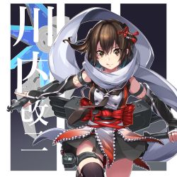 Rule 34 | 10s, 1girl, black gloves, black neckerchief, black skirt, black thighhighs, elbow gloves, fingerless gloves, gloves, kantai collection, looking at viewer, machinery, neckerchief, scarf, school uniform, sendai (kancolle), sendai kai ni (kancolle), serafuku, single thighhigh, skirt, solo, thighhighs, tonami kanji, torpedo, twintails, two side up, white scarf