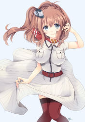 Rule 34 | 10s, 1girl, blue eyes, breast pocket, breasts, brown hair, colored eyelashes, cowboy shot, dress, hair between eyes, hair ornament, impossible clothes, kantai collection, knees together feet apart, large breasts, light smile, long hair, looking at viewer, miyamori raira, neckerchief, pocket, ponytail, red neckerchief, red thighhighs, saratoga (kancolle), short sleeves, side ponytail, signature, solo, striped, thighhighs, vertical stripes, white dress, wind, wind lift