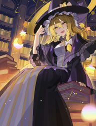 Rule 34 | 1girl, alternate color, black dress, black hat, blonde hair, book, braid, breasts, capelet, cleavage, cosplay, dress, falken (yutozin), hair between eyes, hat, highres, kirisame marisa, library, long hair, long sleeves, looking at viewer, medium breasts, open mouth, patchouli knowledge, patchouli knowledge (cosplay), single braid, smile, solo, striped, touhou, vertical stripes, witch hat, yellow eyes
