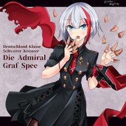 Rule 34 | 1girl, admiral graf spee (azur lane), admiral graf spee (girl&#039;s sunday) (azur lane), azur lane, black dress, blue eyes, brown pantyhose, bugles, bugles (food), bugles on fingers, character name, commentary request, cowboy shot, cross, dated, dress, food on hand, grey background, hair between eyes, hebitsukai-san, highres, iron cross, letterboxed, looking at viewer, multicolored hair, necktie, open mouth, outside border, pantyhose, red necktie, scarf, short hair, silver hair, sleeves rolled up, snack, solo, torn clothes, torn scarf, two-tone hair