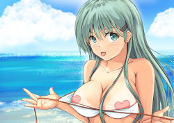 Rule 34 | 1girl, :p, alternate costume, aqua eyes, aqua hair, bare shoulders, beach, bikini, bikini top lift, breasts, cleavage, clothes lift, collarbone, commentary request, day, hair ornament, hairclip, kantai collection, large breasts, lifted by self, looking at viewer, outdoors, pasties, solo, suzuya (kancolle), swimsuit, takamaru (akisora drawing), tongue, tongue out, upper body, white bikini