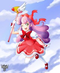 Rule 34 | 1girl, absurdres, cardcaptor sakura, cloud, cosplay, curly hair, danmakuman, day, dress, full body, gloves, green eyes, happy, hat, heart, heart-shaped pupils, highres, kinomoto sakura (cosplay), long hair, looking at viewer, mary janes, multicolored hair, my little pony, my little pony: friendship is magic, one eye closed, open mouth, pink hair, purple hair, red dress, red hat, shoes, short puffy sleeves, sky, solo, staff, sweetie belle, symbol-shaped pupils, teeth, thighhighs, tongue, two-tone hair, white gloves, white thighhighs, wink