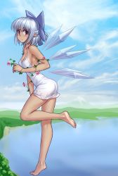 Rule 34 | 1girl, armpits, ass, bare arms, bare legs, bare shoulders, barefoot, blue bow, blue eyes, blue sky, blush, bow, breasts, cirno, cleavage, closed mouth, cloud, collarbone, commentary, day, detached wings, dress, expressionless, feet, flower, flying, full body, hair bow, half updo, hater (hatater), highres, horizon, ice, ice wings, lake, leaning forward, leg up, looking at viewer, looking to the side, mountain, no bra, outdoors, plant, pointy ears, reflection, short hair, sky, sleeveless, sleeveless dress, small breasts, soles, solo, tan, tanline, tanned cirno, tareme, touhou, vines, wings