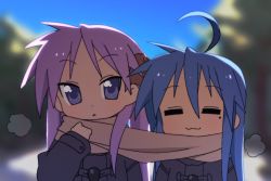 Rule 34 | 2girls, :3, ahoge, blue eyes, blue hair, blue jacket, blue sky, blurry, bright pupils, brown scarf, closed eyes, closed mouth, day, depth of field, dot nose, hair between eyes, hair over shoulder, highres, hiiragi kagami, izumi konata, jacket, jitome, light blush, light purple hair, long hair, long sleeves, looking at viewer, lucky star, mole, mole under eye, multiple girls, open mouth, outdoors, parted bangs, scarf, shared clothes, shared scarf, sky, snow, steam, straight hair, tree, tsurime, upper body, wuju (1198979953)