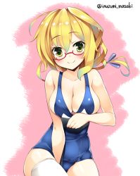 Rule 34 | 10s, 1girl, between legs, blonde hair, blush, breasts, cleavage, collarbone, cowboy shot, female focus, glasses, hair ribbon, hand between legs, i-8 (kancolle), inuzumi masaki, kantai collection, large breasts, looking at viewer, name tag, one-piece swimsuit, pink background, ribbon, school swimsuit, semi-rimless eyewear, sitting, smile, solo, swimsuit, swimsuit tug, thighhighs, twitter username, under-rim eyewear, white thighhighs, yellow eyes