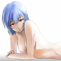 Rule 34 | 1girl, :o, alternate breast size, ayanami rei, bad id, bad pixiv id, blue hair, breasts, completely nude, hanging breasts, ikuyoan, lying, neon genesis evangelion, nipples, nude, on stomach, red eyes, short hair, simple background, solo