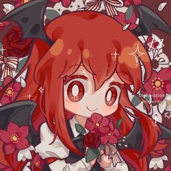 Rule 34 | 1girl, arm garter, black dress, bright pupils, closed mouth, commission, demon wings, dress, flower, head wings, holding, holding flower, koakuma, long hair, long sleeves, looking at viewer, red eyes, red flower, red hair, red rose, ribbon, rose, shirt, smile, solo, sparkle, striped ribbon, suelement, touhou, twitter username, upper body, white pupils, white shirt, wings