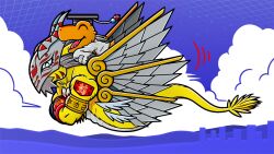 Rule 34 | ^ ^, agumon hakase, artist request, closed eyes, cloud, digimoji, digimon, digimon (creature), flying, goddramon, hat, holy ring, lab coat, mortarboard, no humans, official art, riding digimon, skyline, sleeves past fingers, sleeves past wrists, vambraces