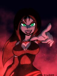 Rule 34 | 1girl, black dress, black hair, breasts, cleavage, dated, detached sleeves, dress, fangs, green eyes, highres, long hair, looking at viewer, medium breasts, open mouth, pointing, pointing at viewer, red theme, robert j case, scooby-doo, scooby-doo and the witch&#039;s ghost, signature, smile, solo, thorn (scooby-doo), underlighting, upper body