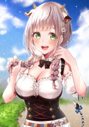 Rule 34 | 1girl, animal ears, black bow, black bowtie, blue bow, blue sky, blush, bow, bowtie, braid, breasts, cleavage, cloud, cloudy sky, corset, cow ears, cow girl, cow horns, cow tail, daisy, day, detached collar, detached sleeves, flower, grass, green eyes, grey hair, hair flower, hair ornament, highres, hololive, horns, large breasts, long hair, looking at viewer, meguusak, official alternate hair length, official alternate hairstyle, open mouth, outdoors, puffy short sleeves, puffy sleeves, shirogane noel, shirogane noel (dirndl), shirt, short sleeves, skirt, sky, smile, solo, standing, tail, tail bow, tail ornament, teeth, twin braids, upper body, virtual youtuber, white sleeves