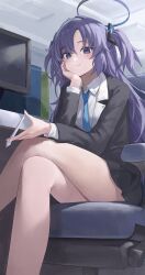 Rule 34 | 1girl, black skirt, blue archive, blue necktie, chair, closed mouth, collared shirt, formal, halo, highres, indoors, kakutasu, long hair, long sleeves, looking at viewer, mechanical halo, monitor, necktie, pleated skirt, purple eyes, purple hair, shirt, sitting, skirt, solo, suit, two side up, white shirt, yuuka (blue archive)