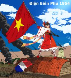 Rule 34 | 1954, 1girl, absurdres, barbed wire, battle of dien bien phu, benikurage (cookie), black legwear, blue sky, boots, bow, brown eyes, brown hair, bunker, cat, cloud, commentary request, cookie (touhou), cross-laced footwear, day, detached sleeves, fire, first indochina war, french flag, frilled bow, frilled hair tubes, frills, full body, gloves, green pants, gun, hair bow, hair tubes, hakurei reimu, helmet, highres, manatsu no yo no inmu, medium hair, mittens, miura cat, orange scarf, pai kebon baa, pants, parted bangs, photo-referenced, ppsh-41, red bow, red gloves, red shirt, red skirt, ribbon-trimmed sleeves, ribbon trim, sarashi, scarf, shirt, skirt, sky, sleeveless, sleeveless shirt, smoke, socks, standing, star (symbol), striped clothes, striped scarf, submachine gun, touhou, vietnamese flag, waving flag, weapon, white footwear, white sleeves, yellow scarf