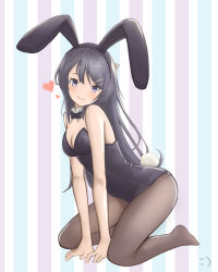 Rule 34 | 1girl, animal ears, bare arms, bare shoulders, black bow, black bowtie, black hair, black leotard, black pantyhose, bow, bowtie, breasts, cleavage, commentary request, detached collar, fake animal ears, full body, hair ornament, hairclip, heart, highres, kneeling, leotard, long hair, looking at viewer, medium breasts, pantyhose, playboy bunny, purple eyes, rabbit ears, rabbit tail, sakurajima mai, seishun buta yarou, smile, smiley face, solo, strapless, strapless leotard, tail, wei xiao, wrist cuffs