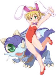 Rule 34 | 1girl, animal ears, bare legs, blonde hair, bow, bowtie, cameltoe, commentary request, covered navel, dinosaur, flat chest, green eyes, high heels, highres, keio flying squadron, keiou yuugekitai, leotard, mizushiro takuya, nanahikari rami, outstretched arms, playboy bunny, pochi (keiou yuugekitai), purple bow, purple bowtie, rabbit ears, rabbit tail, red footwear, red leotard, short hair, simple background, smile, strapless, strapless leotard, tail, white background, wrist cuffs