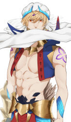Rule 34 | 1boy, arabian clothes, blonde hair, covered mouth, earrings, fate/grand order, fate (series), gilgamesh, gilgamesh (caster) (fate), gilgamesh (fate), hair between eyes, headdress, highres, jewelry, looking at viewer, male focus, red eyes, short hair, solo, white background, yanase seno