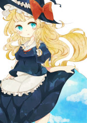 Rule 34 | 1girl, apron, blonde hair, blue eyes, blue sky, bow, braid, clothes lift, cloud, dress, dress lift, frilled hat, frills, hair bow, hat, highres, kirisame marisa, legs, long hair, open mouth, red bow, ribbon, short sleeves, side braid, sky, solo, touhou, white bow, witch, witch hat, yochi24