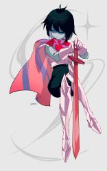 Rule 34 | 1other, absurdres, androgynous, antenna hair, armor, black bodysuit, black hair, bodysuit, bodysuit under clothes, breastplate, cape, closed eyes, colored skin, crossed legs, deltarune, elbow gloves, expressionless, facing viewer, full body, gloves, greaves, grey background, grey skin, hands on hilt, highres, invisible chair, kris (deltarune), other focus, own hands together, red cape, short hair, signature, simple background, sitting, solo, sonokare, sword, weapon, white gloves