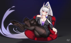 Rule 34 | 1girl, absurdres, ass, black jacket, black leggings, black pantyhose, black thighhighs, brown pantyhose, character request, commission, feet, full body, highres, horns, hoshikuma douji, houchi shoujo, jacket, leggings, long hair, looking at viewer, no shoes, office lady, oni, oni horns, pantyhose, pixiv commission, ponytail, red oni, soles, thighhighs, thighs, tierla, underwear, white hair