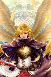 Rule 34 | 10s, androgynous, armor, blonde hair, brown eyes, cape, cloak, dragon nest, feathers, gender request, geraint, long hair, magic circle, male focus, mokuha, solo, sword, weapon, wings
