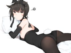 Rule 34 | 10s, 1girl, :/, alternate costume, animal ears, ass, bare shoulders, bed sheet, black leotard, black pantyhose, blunt bangs, blush, breasts, brown hair, closed mouth, cole (coleltu), fake animal ears, fake tail, green eyes, hair flaps, hairband, hatsuzuki (kancolle), kantai collection, leotard, looking at viewer, lying, hugging object, on stomach, pantyhose, pillow, pillow hug, playboy bunny, rabbit ears, rabbit tail, short hair, sideboob, simple background, small breasts, solo, spread legs, squiggle, tail, white background