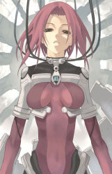 Rule 34 | 1girl, bodysuit, breasts, cable, cybernetic, medium breasts, nagi ryou, pantyhose, pink hair, purple bodysuit, red hair, science fiction, solo