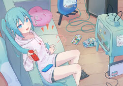 Rule 34 | 1girl, amplifier, animal slippers, blue eyes, blue hair, cable, cat slippers, couch, fang, guitar, handheld game console, hatsune miku, heart, heart-shaped pillow, highres, holding, hood, hoodie, indoors, instrument, kagamine rin, konami code, long hair, looking at viewer, mario (series), nintendo, nintendo switch, nintendo switch dock, open mouth, pillow, shorts, sitting, slippers, smile, solo, television, translation request, twintails, very long hair, vocaloid, yasuno-labo