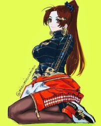 Rule 34 | 1girl, antenna hair, blue sweater, breasts, brown eyes, brown hair, brown pantyhose, closed mouth, clothes writing, earrings, eyebrows hidden by hair, fatal fury, from side, full body, green background, hair ornament, hair scrunchie, high ponytail, highres, jacket, jewelry, large breasts, long hair, long sleeves, looking at viewer, multicolored footwear, neo geo, pantyhose, ponytail, poririna, red jacket, scrunchie, shiranui mai, shoes, simple background, sitting, smile, solo, striped clothes, striped sweater, sweater, the king of fighters, turtleneck, turtleneck sweater, twitter username, very long hair, wariza, zipper, zipper pull tab