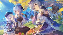 Rule 34 | 4girls, ahoge, apple, bare shoulders, basket, bead necklace, beads, bird, black gloves, black headwear, black pantyhose, blue hair, blue sky, brown hair, chicken, day, double bun, dress, eating, egg, finger to mouth, food, frilled dress, frilled sleeves, frills, fruit, ganyu (genshin impact), genshin impact, gloves, grass, hair bun, hand on own chest, hat, highres, horns, jewelry, jiangshi, keqing (genshin impact), kita (kitairoha), long sleeves, looking at viewer, multiple girls, nature, necklace, outdoors, pantyhose, peeking out, picnic, purple eyes, purple gloves, purple hair, qiqi (genshin impact), red eyes, scenery, sky, tree, twintails, wide sleeves