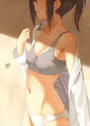 Rule 34 | 1girl, bad id, bad pixiv id, bare shoulders, blush, bra, breasts, brown hair, grey bra, head out of frame, kinta (distortion), lace, lace-trimmed panties, lace trim, long hair, nape, navel, no pants, open clothes, open mouth, open shirt, original, panties, shirt, small breasts, smile, solo, sports bra, stomach, sweat, underwear, undressing, white panties, white shirt