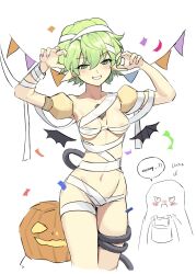 1girl 1other bandages blush breasts confetti dot_nose green_eyes green_hair groin hashtag-only_commentary highres jack-o&#039;-lantern looking_at_viewer medium_breasts mummy_costume naked_bandage navel outstretched_arms pandoria_(xenoblade) pointy_ears purple_nails raised_eyebrows sheet_ghost short_hair smile standing stephanieh81080 streamers teeth xenoblade_chronicles_(series) xenoblade_chronicles_2 zombie_pose