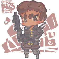 Rule 34 | 1girl, animification, apex legends, artist name, bangalore (apex legends), black footwear, black gloves, blush, boots, brown eyes, brown hair, brown jacket, chibi, clenched hand, dark-skinned female, dark skin, dated, g7 scout, gloves, highres, jacket, jrpencil, knee pads, looking at viewer, solo, v-shaped eyebrows