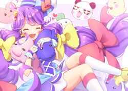 Rule 34 | 1girl, absurdres, bow, capelet, closed eyes, commentary, cure coral, dress, facial mark, gloves, hair bow, hat, heart, heart facial mark, highres, hiiragi syuu, holding, holding stuffed toy, kneehighs, leaning back, long hair, low twintails, magical girl, open mouth, precure, purple capelet, purple dress, purple hair, sailor hat, short dress, sitting, smile, socks, solo, stuffed animal, stuffed toy, suzumura sango, tilted headwear, tropical-rouge! precure, twintails, twitter username, white gloves, white hat, white socks, yellow bow