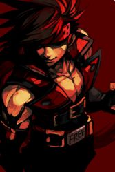 Rule 34 | 1boy, abs, arc system works, belt, black gloves, brown hair, closed mouth, fingerless gloves, gloves, guilty gear, headband, hungry clicker, male focus, muscular, red background, shaded face, simple background, sleeveless, sol badguy, solo, upper body