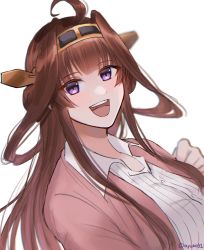 Rule 34 | 1girl, ahoge, ayuko91, brown hair, coat, double bun, hair bun, hairband, headgear, highres, kantai collection, kongou (kancolle), long hair, looking at viewer, official alternate costume, open mouth, pink coat, purple eyes, simple background, smile, solo, teeth, upper body, upper teeth only, white background