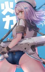 Rule 34 | 1girl, ammunition pouch, aowa (dakahi1009), ass, beret, blue leotard, breasts, brown gloves, bullet, closed mouth, gloves, goddess of victory: nikke, green eyes, hat, highres, jacket, leotard, light purple hair, looking at viewer, looking back, medium breasts, medium hair, miniskirt, neckerchief, neon (nikke), pouch, skirt, solo, white jacket, white skirt