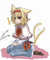Rule 34 | 1girl, alice margatroid, animal ears, belt, blonde hair, blue dress, blue eyes, capelet, cat ears, cat girl, cat tail, cat teaser, dress, fang, female focus, hairband, kemonomimi mode, open mouth, sash, short hair, simple background, sitting, solo, tail, tail wagging, touhou, white background, yuuta (monochrome)